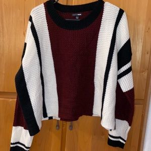 Maroon, black, and white striped sweater